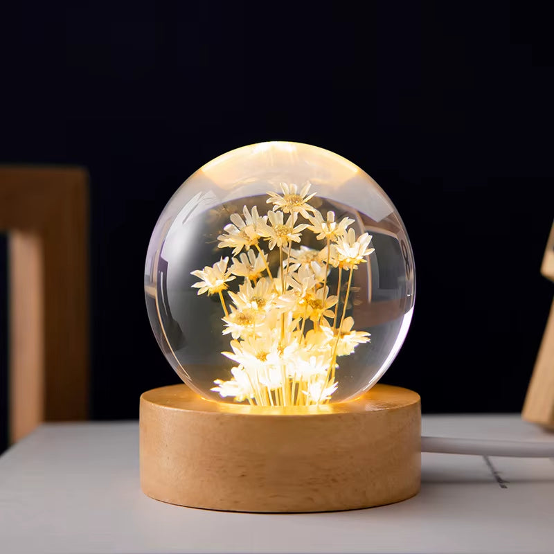 3D Dandelion Crystal Ball 5Cm 6Cm Luminous Immortality Flower Gift Crystal Ball Wood Stand Base Preserved Flower Sphere Ball
