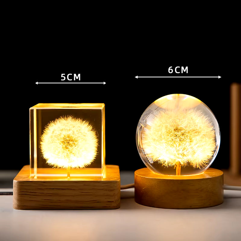 3D Dandelion Crystal Ball 5Cm 6Cm Luminous Immortality Flower Gift Crystal Ball Wood Stand Base Preserved Flower Sphere Ball