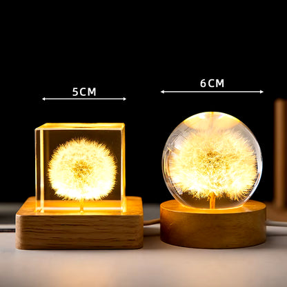 3D Dandelion Crystal Ball 5Cm 6Cm Luminous Immortality Flower Gift Crystal Ball Wood Stand Base Preserved Flower Sphere Ball