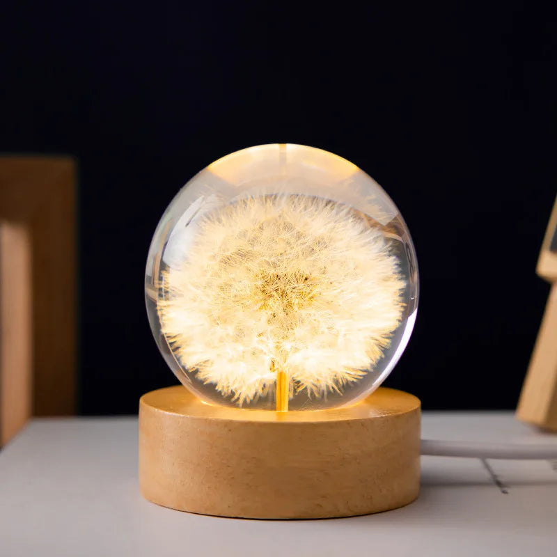 3D Dandelion Crystal Ball 5Cm 6Cm Luminous Immortality Flower Gift Crystal Ball Wood Stand Base Preserved Flower Sphere Ball