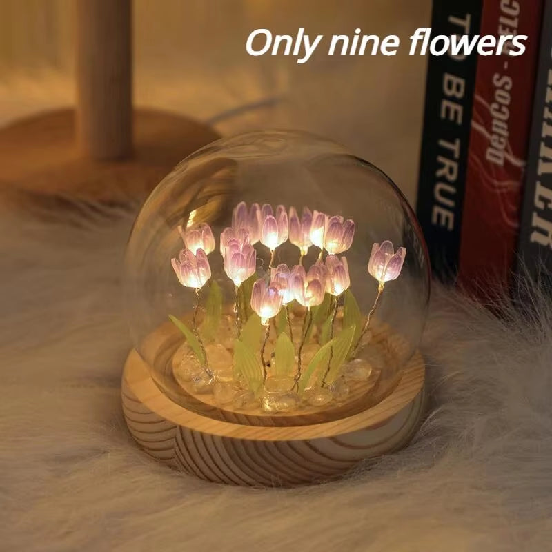 Artificial Tulip Flower Night Light Ornaments Handmade DIY Bedside LED Night Lamp Bedroom Desk Decor Birthday Gifts Table Lamp