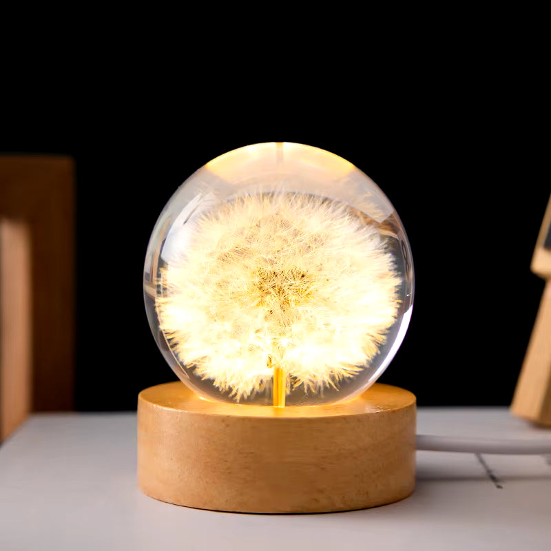3D Dandelion Crystal Ball 5Cm 6Cm Luminous Immortality Flower Gift Crystal Ball Wood Stand Base Preserved Flower Sphere Ball